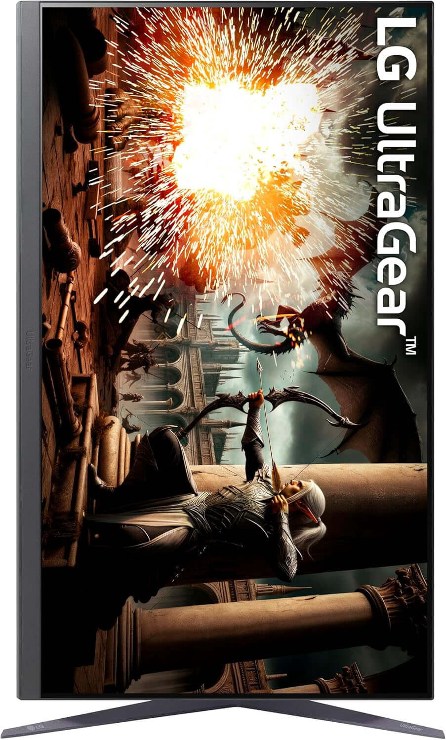 LG UltraGear 32" QHD gaming monitor showcasing vibrant graphics and explosions, perfect for immersive gaming.