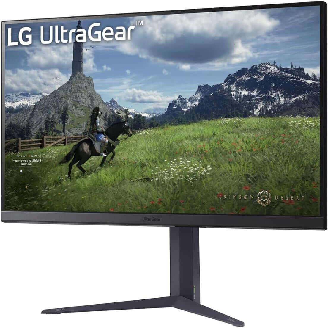 LG UltraGear 32GS85Q-B 32-inch Quad HD gaming monitor showcasing vibrant game scenery on the display.