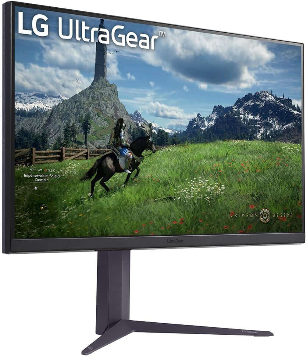 LG UltraGear 32GS85Q-B gaming monitor displaying stunning landscape graphics in Quad HD resolution.