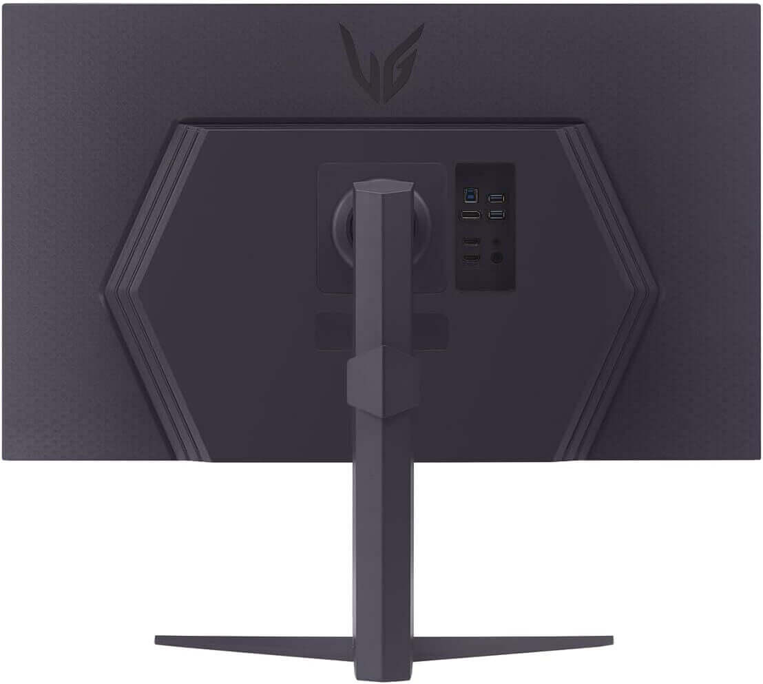 Back view of LG UltraGear 32GS85Q-B Quad HD gaming monitor showcasing ports and stand.