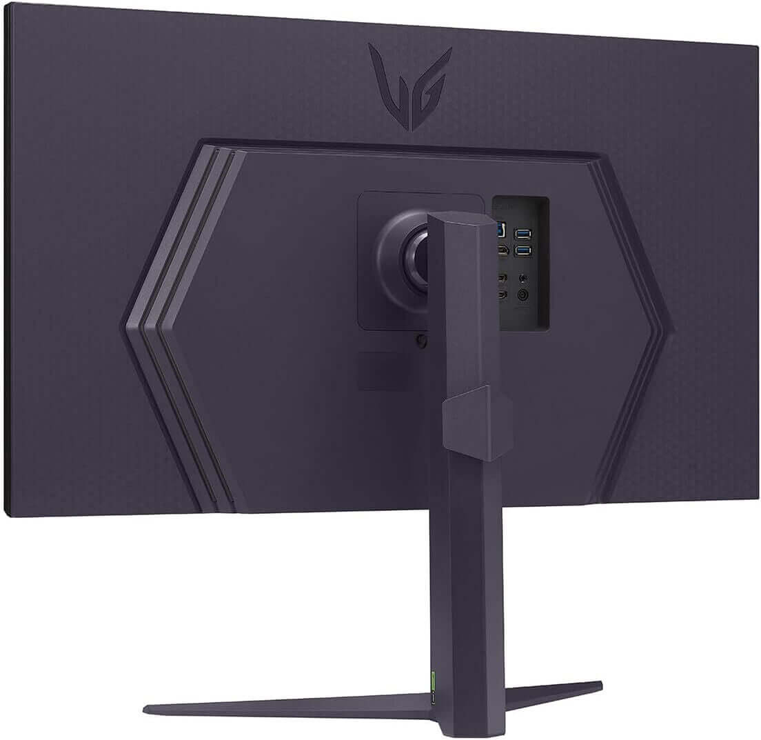 Back view of LG UltraGear 32GS85Q-B gaming monitor showcasing ports and height adjustable stand.
