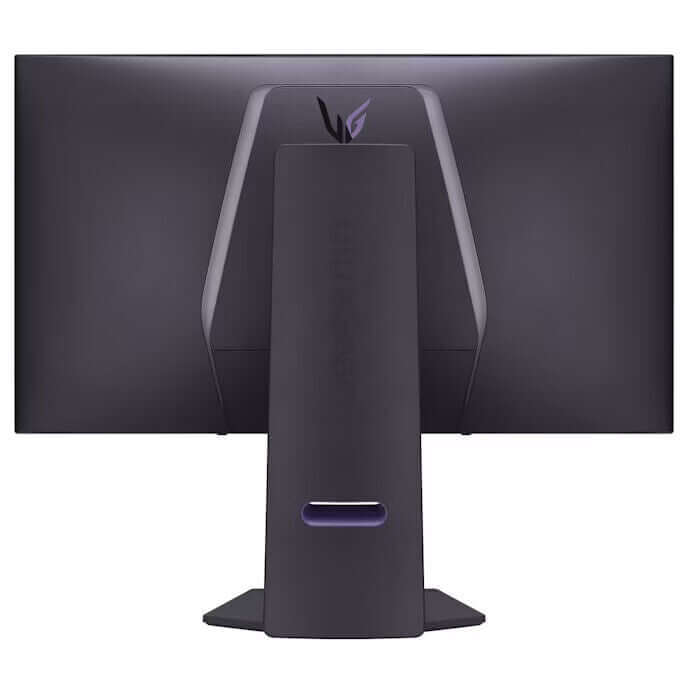 Back view of LG UltraGear 32GS95UV-B 32" OLED gaming monitor with sleek design and height adjustability.