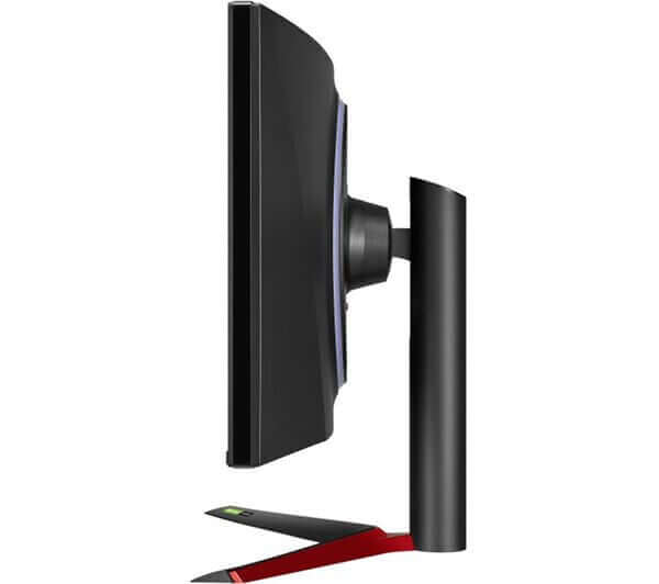 Side view of the LG UltraGear 38GL950G-B 38" curved gaming monitor showcasing sleek design and sturdy stand.