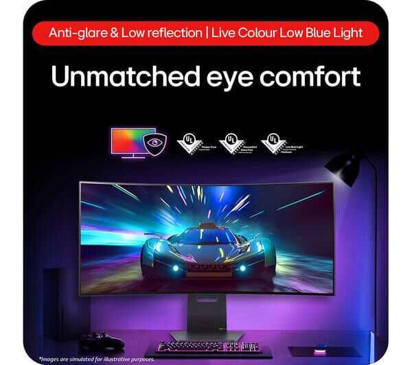LG UltraGear gaming monitor showcasing unmatched eye comfort with anti-glare, low reflection, and low blue light features.