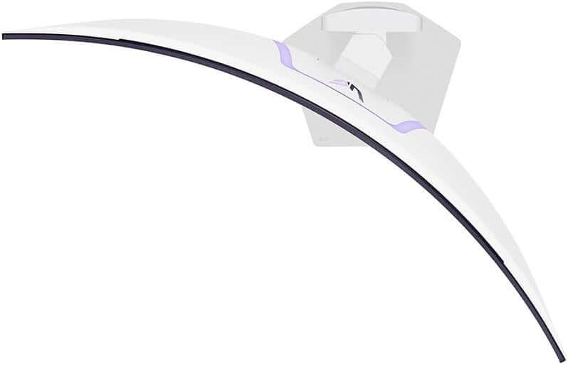 Top view of LG UltraGear GX9s curved gaming monitor in white, showcasing sleek design and mounting details.