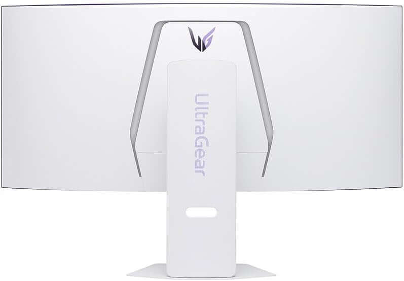 LG UltraGear gaming monitor back view with sleek white design and unique stand.
