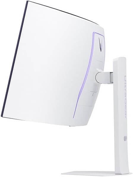 LG UltraGear 39" OLED curved gaming monitor side view with adjustable stand in white finish.