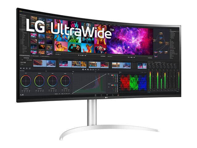 LG UltraWide curved monitor showcasing vibrant images and video editing software, emphasizing multitasking capabilities.