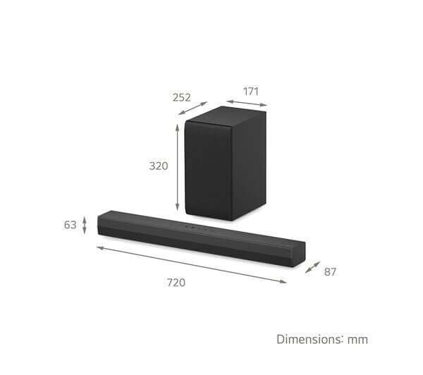 LG US40T soundbar and wireless subwoofer dimensions in mm, showing sleek black design and size specifications.