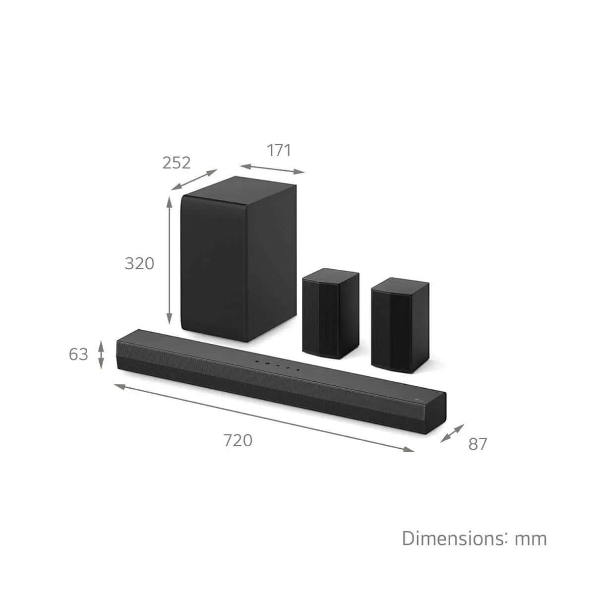 LG US40TR 4.1 Wireless Soundbar and Subwoofer with dimensions, featuring sleek black design for enhanced audio performance.
