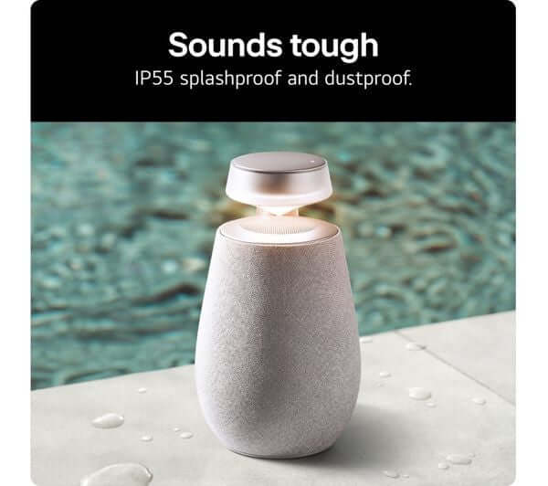LG XBOOM 360 XO2 PORTABLE BLUETOOTH SPEAKER 40W RGB LIGHTING IP55 BEIGE XO2TBE, showcasing its IP55 splashproof design.