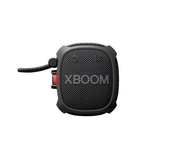 LG XBOOM Go XG2 portable Bluetooth speaker in black, featuring waterproof design and durable construction.
