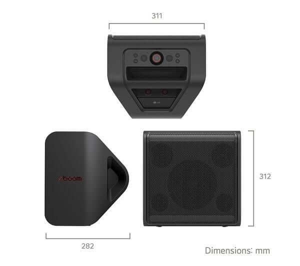 LG XBOOM Stage 301 portable Bluetooth speaker dimensions from top, side, and front views showing sleek design.