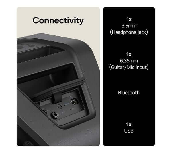 Connectivity ports of LG XBOOM Stage 301 speaker: headphone jack, 6.35mm input, USB, and Bluetooth.