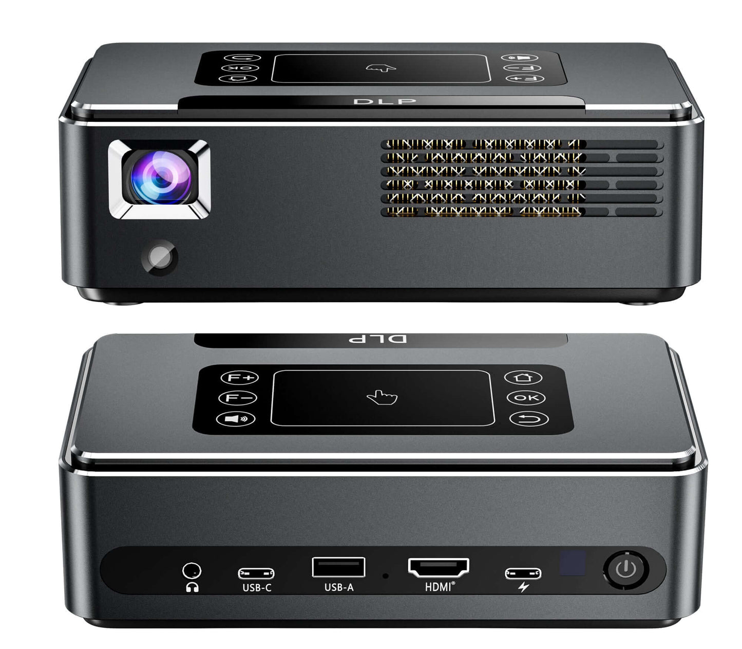 Pico Genie Impact 4.0 Plus 1080p Ultra Portable Projector top and side views showcasing design and ports.