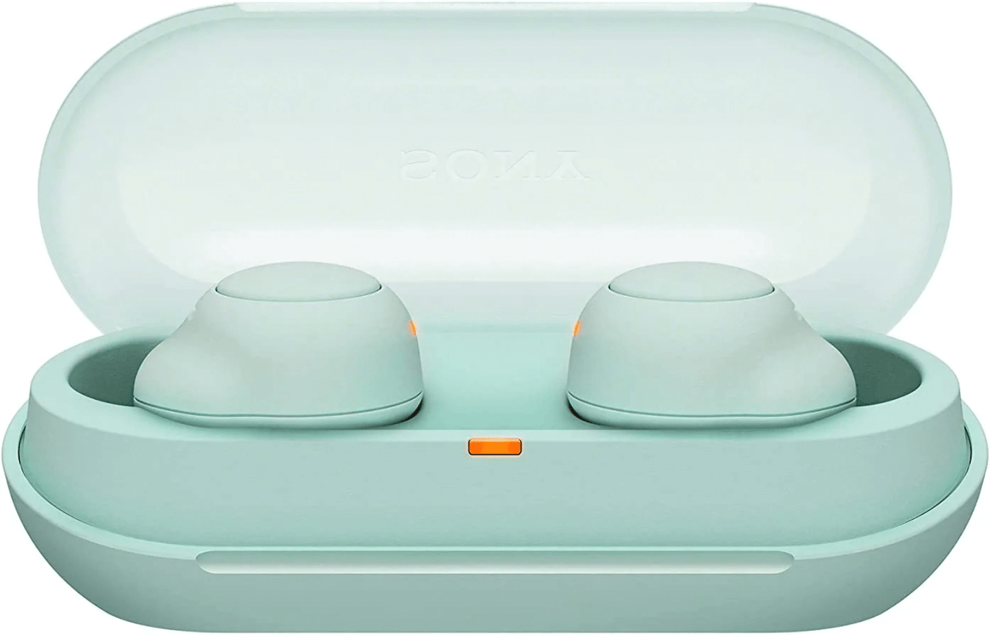 SONY WF-C500 TRUE WIRELESS BLUETOOTH 5.0 EARBUDS EARPHONES NFC IPX4 ICE GREEN in charging case.