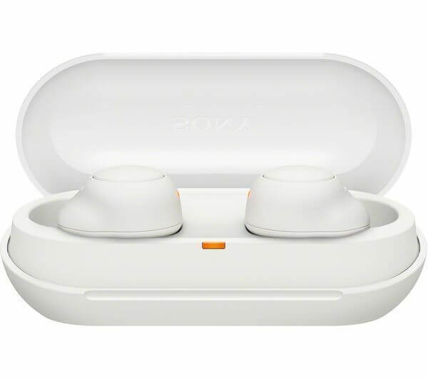 SONY WF-C500 TRUE WIRELESS BLUETOOTH 5.0 EARBUDS EARPHONES NFC IPX4 WHITE in charging case.