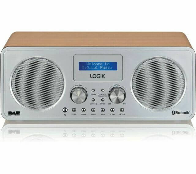 LOGIK L75DAB20 PORTABLE DAB+ FM BLUETOOTH 5.0 RADIO SILVER & WOOD USB displayed on a stylish stereo.