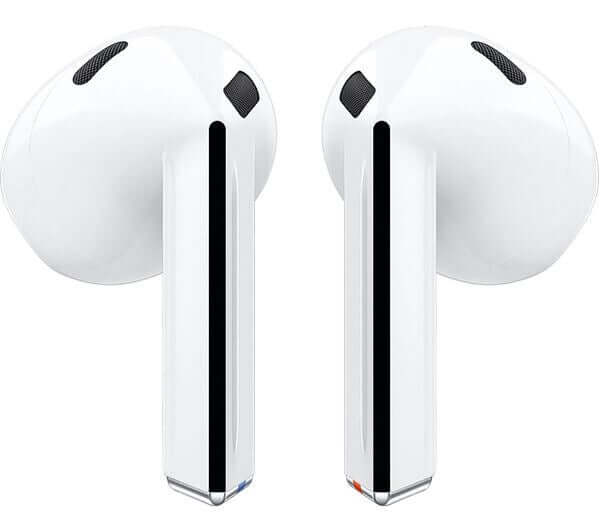 SAMSUNG Galaxy Buds3 wireless earphones in white, featuring active noise-cancelling and true wireless design.