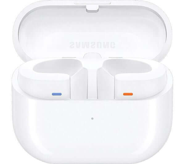 SAMSUNG Galaxy Buds3 wireless earbuds in charging case, featuring vibrant charging lights, white design, and active noise cancelling.