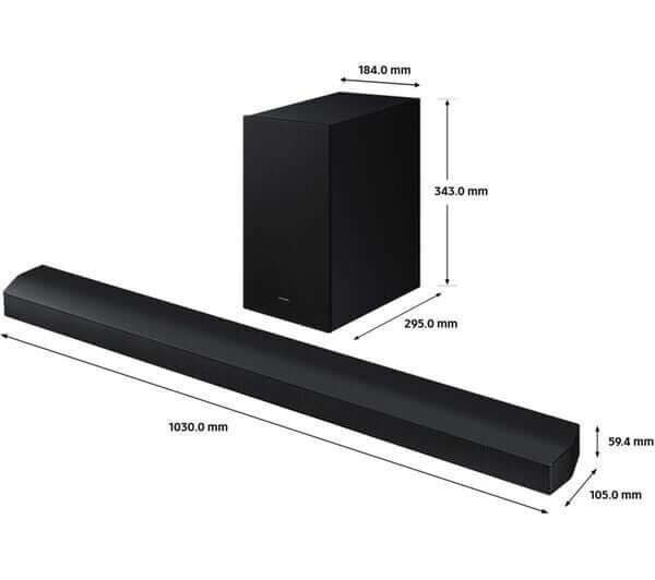 Dimensions of SAMSUNG HW-B750D soundbar and subwoofer, highlighting sleek design and high-quality audio performance.