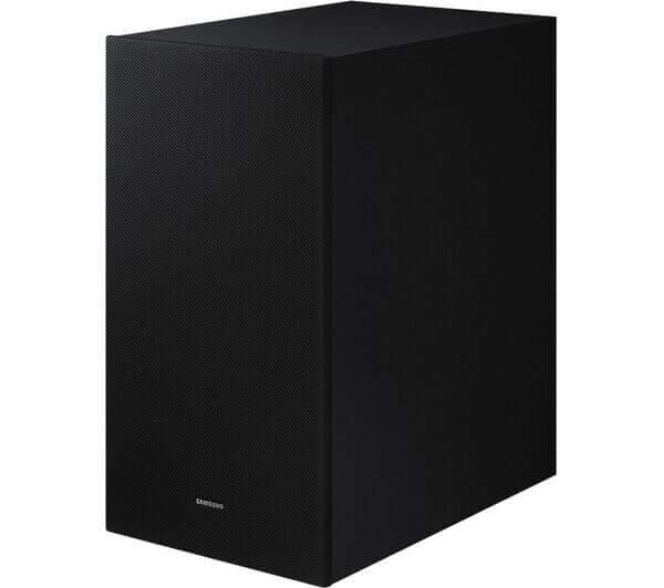 SAMSUNG HW-B750D wireless subwoofer in black, designed for enhanced audio with 400W power.