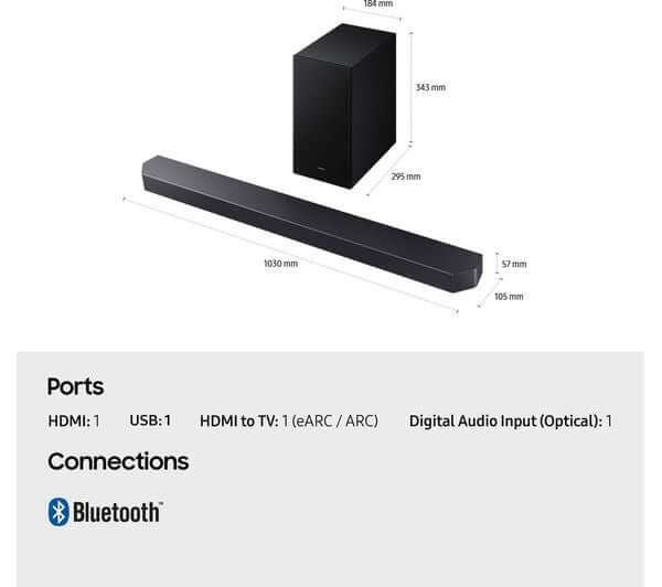 SAMSUNG HW-Q600F 3.1.2 WIRELESS 4K 380W SOUNDBAR SUBWOOFER DOLBY ATMOS DTS:X NEW with ports and connections.