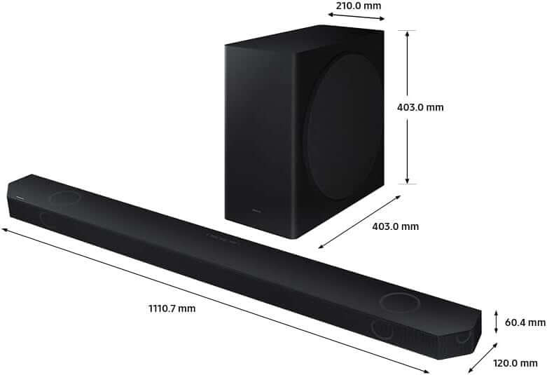 SAMSUNG HW-Q800C 5.1.2 Wireless Soundbar and subwoofer dimensions with Dolby Atmos support.
