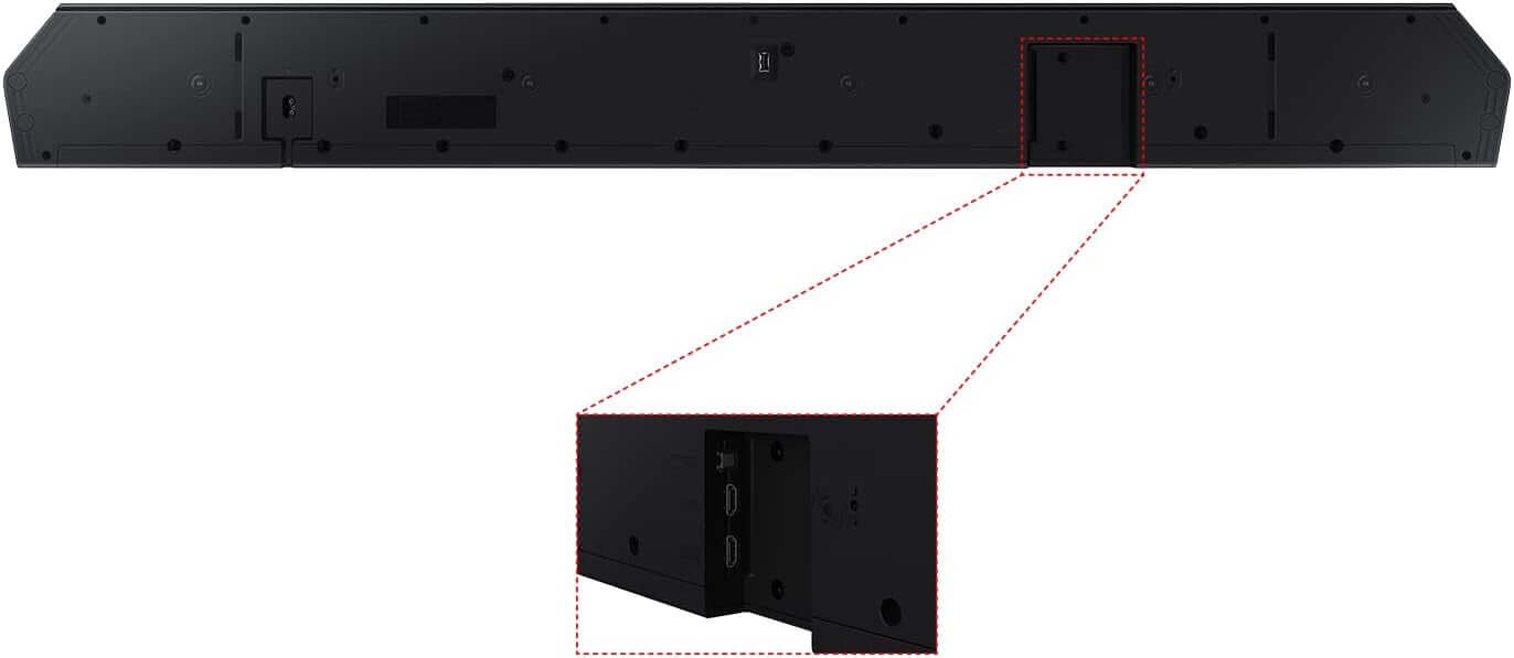 Back view of SAMSUNG HW-Q800C soundbar highlighting connection ports for easy setup and connectivity.