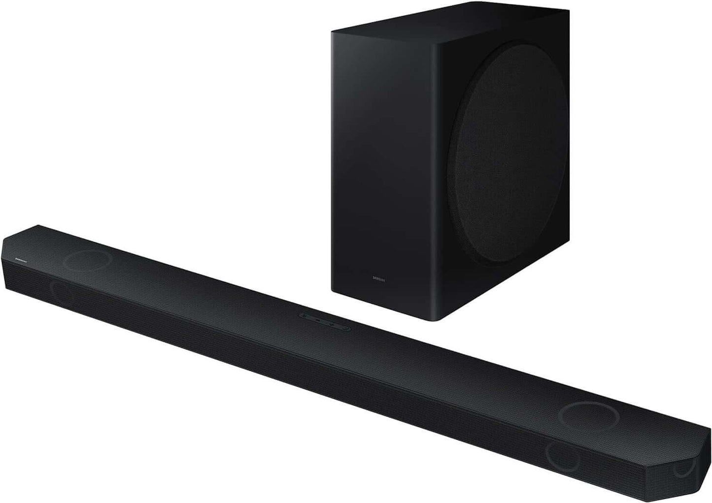 SAMSUNG HW-Q800C 5.1.2 Wireless Soundbar with subwoofer, featuring Dolby Atmos and sleek black design.