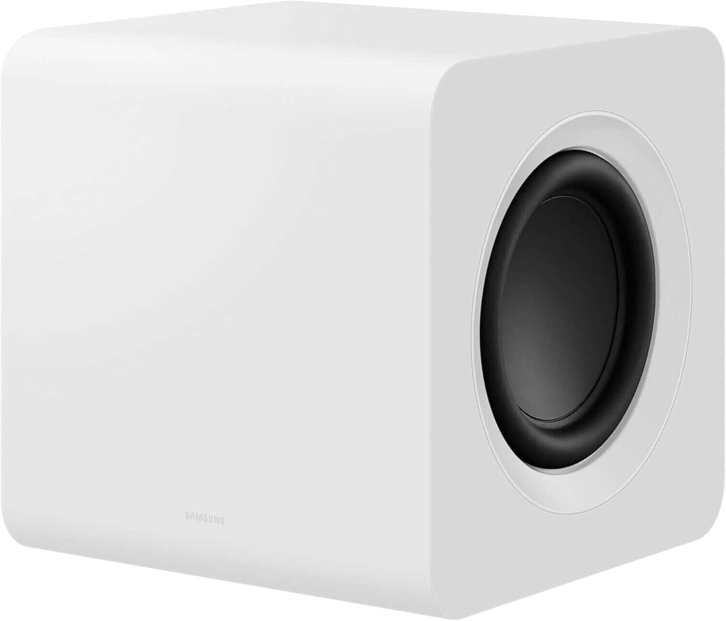 SAMSUNG wireless subwoofer in white, designed for deep bass and improved audio experience.