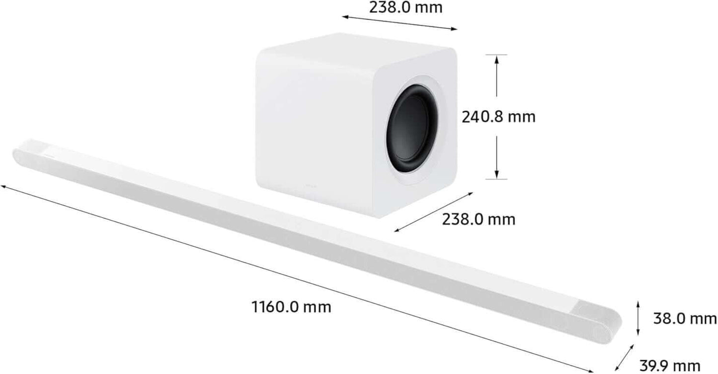 SAMSUNG HW-S801B white soundbar and subwoofer dimensions illustration, ultra-thin design for sleek home audio setup.