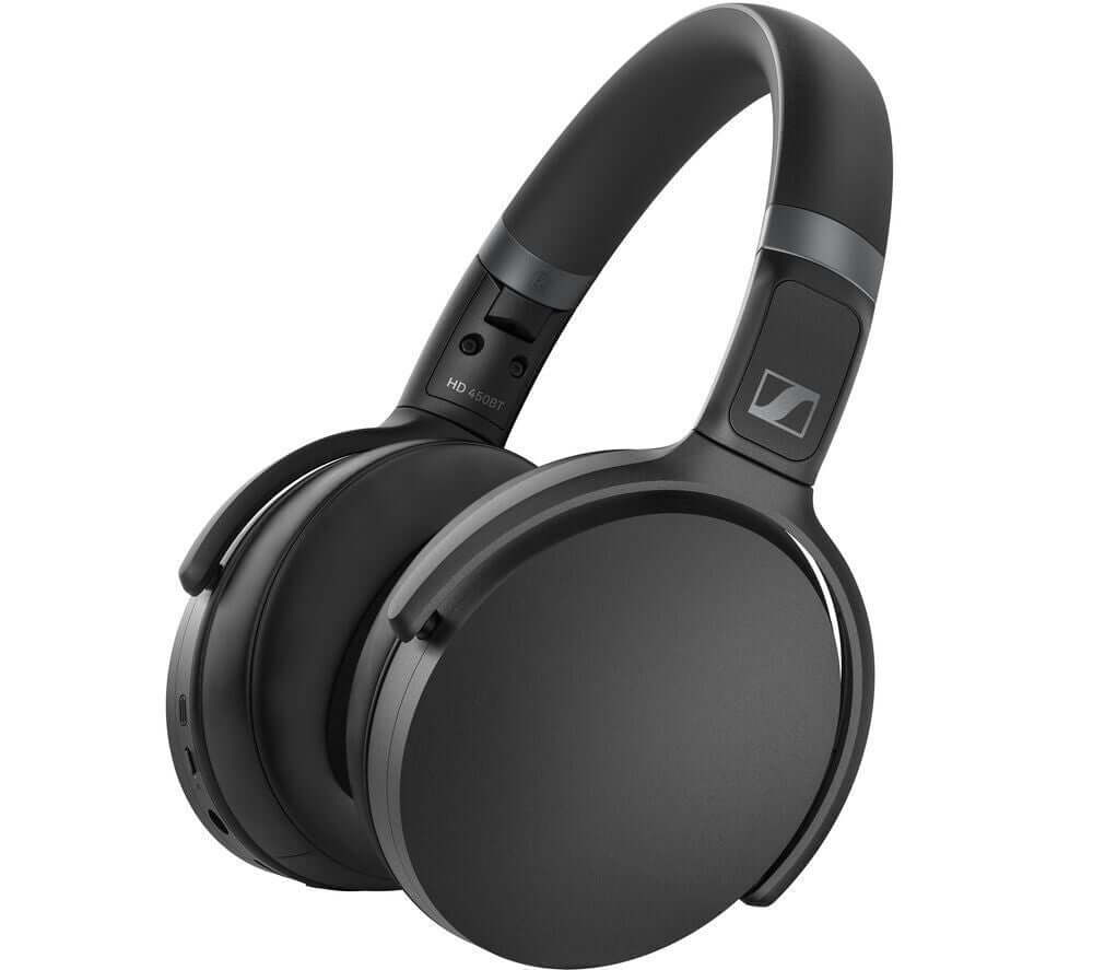 Sennheiser HD 450BT wireless Bluetooth noise-cancelling headphones in black with sleek design.