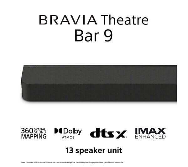 SONY BRAVIA Theatre Bar 9 sound bar with 13 speakers, Dolby Atmos, and 360 Spatial Sound Mapping features.