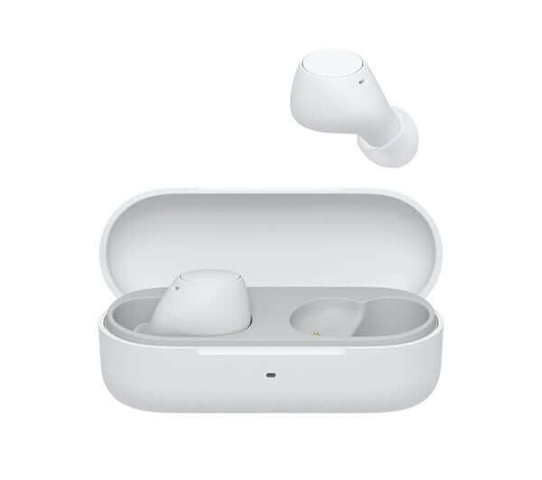 SONY WF-C510 True Wireless Bluetooth Earbuds in White with charging case, featuring sleek design and compact storage.