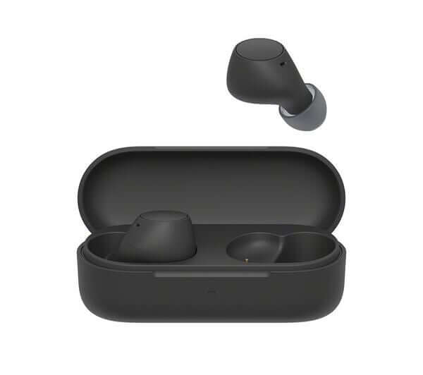 Sony WF-C510 true wireless earbuds in charging case, featuring compact design and sleek black finish.