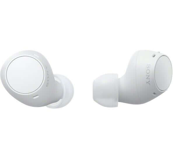 Sony WF-C510 true wireless Bluetooth earbuds in white, featuring passive noise isolation and water resistance.