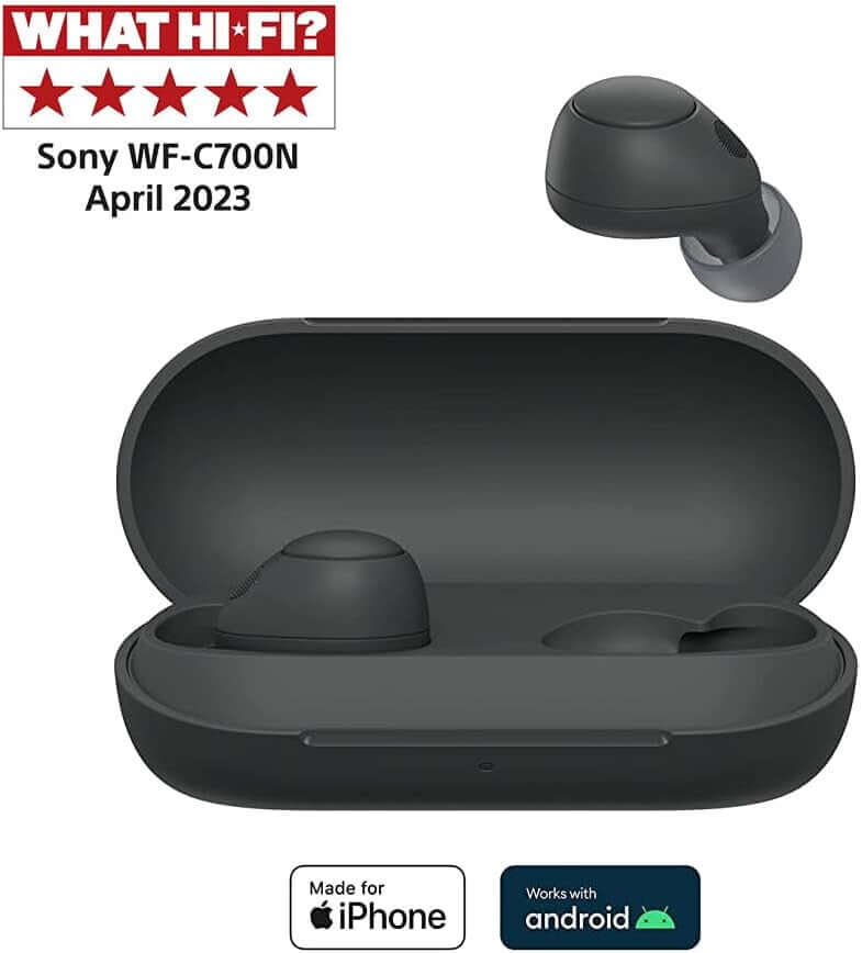 Sony WF-C700N true wireless noise-cancelling earbuds in charging case, with ratings from What Hi-Fi, April 2023.