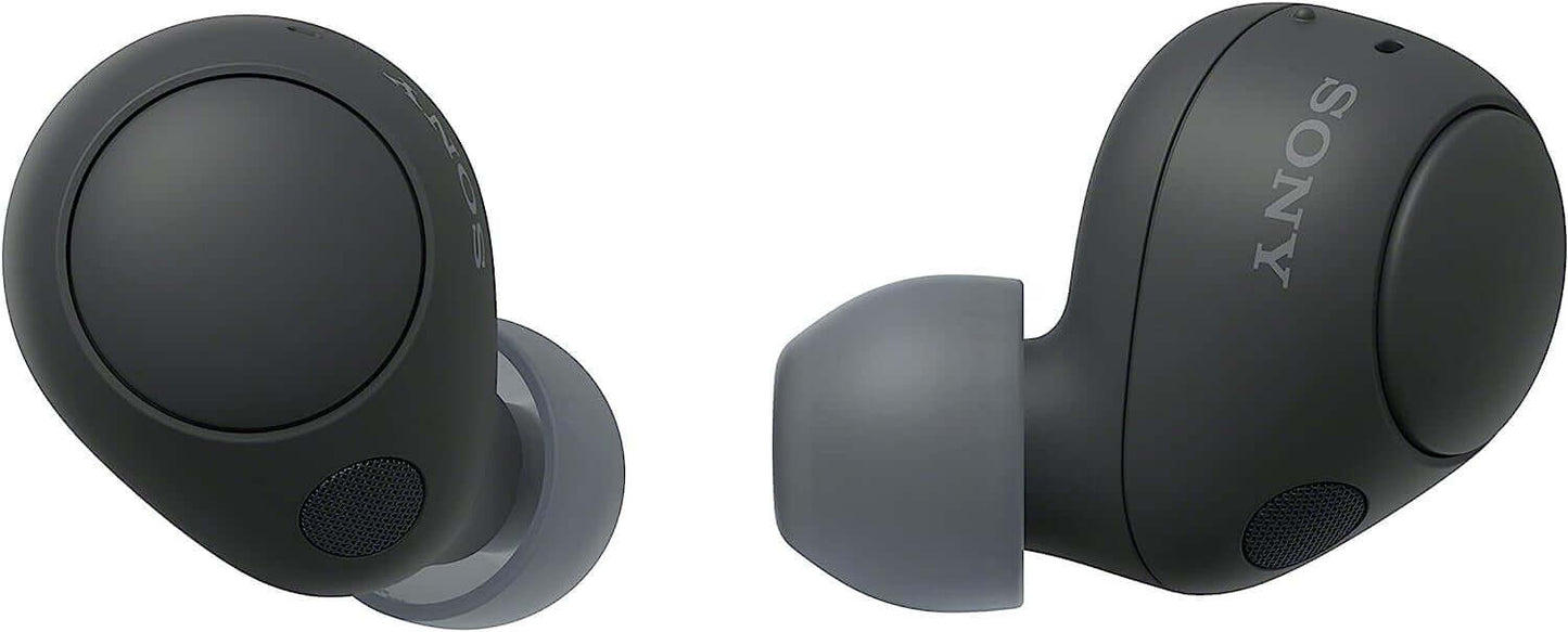 SONY WF-C700N true wireless Bluetooth noise-cancelling earbuds in black, showcasing sleek design and secure fit.