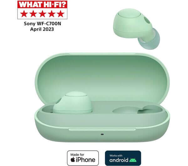 Sony WF-C700N true wireless Bluetooth earbuds in green with charging case, rated 5 stars by What Hi-Fi!