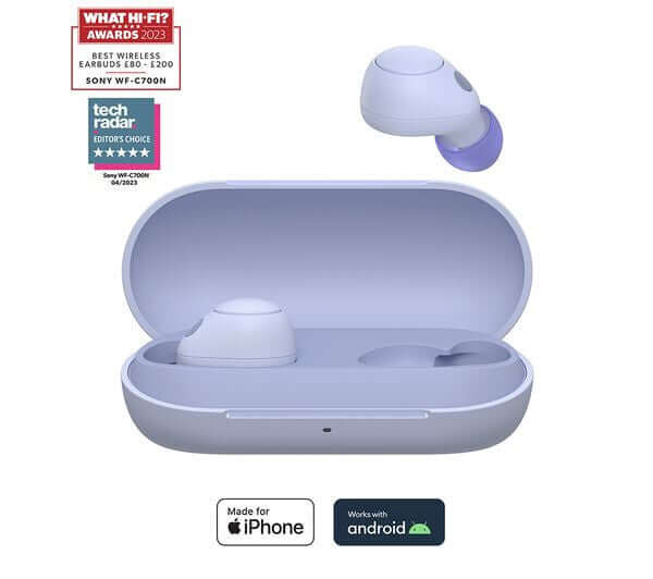 SONY WF-C700N wireless Bluetooth noise-cancelling earbuds in lavender with charging case and award details.