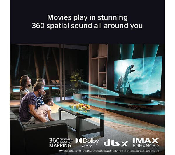 Family enjoying a movie with 360 spatial sound and Dolby Atmos, featuring a vivid TV display.