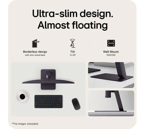 Ultra-slim design of monitor showing borderless design, tilt feature, and wall mount options.