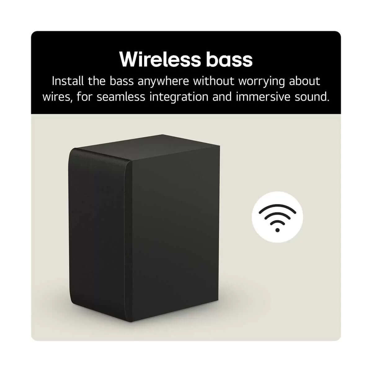 LG wireless subwoofer for immersive sound, showcasing seamless integration without wires.