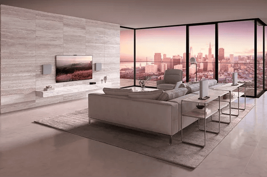 Modern living room featuring the SONY BRAVIA HTA9M2 Theatre Quad 4.0.4 Home Cinema System with city view.