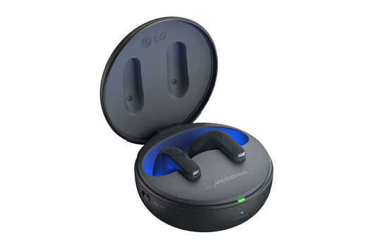 Comparing the Top 5 Earbud Style Headphones of 2024 - LG earbuds in charging case with blue accents.