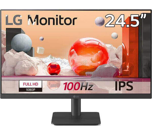 LG 25MS500 Monitor showing vibrant Full HD display with 100Hz refresh rate and IPS technology.