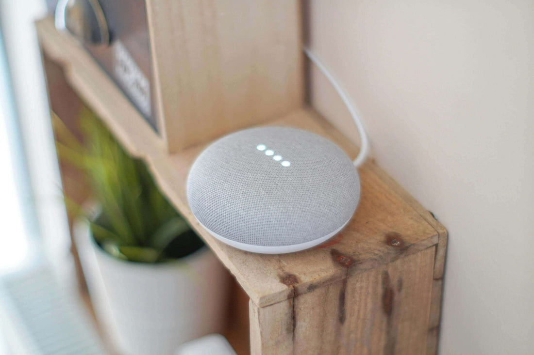 Smart home speaker on a wooden shelf near a green plant, showcasing modern home automation technology.