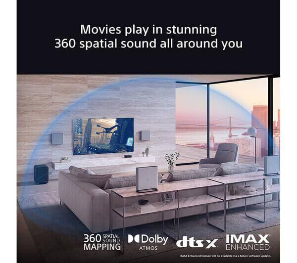 Home cinema setup showcasing 360 spatial sound with Dolby Atmos and IMAX Enhanced technology.