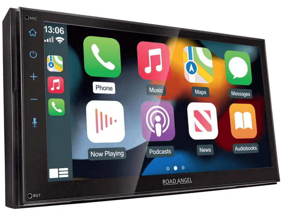 Road Angel car audio head unit with touchscreen display showing music, maps, and phone features for enhanced driving experience.